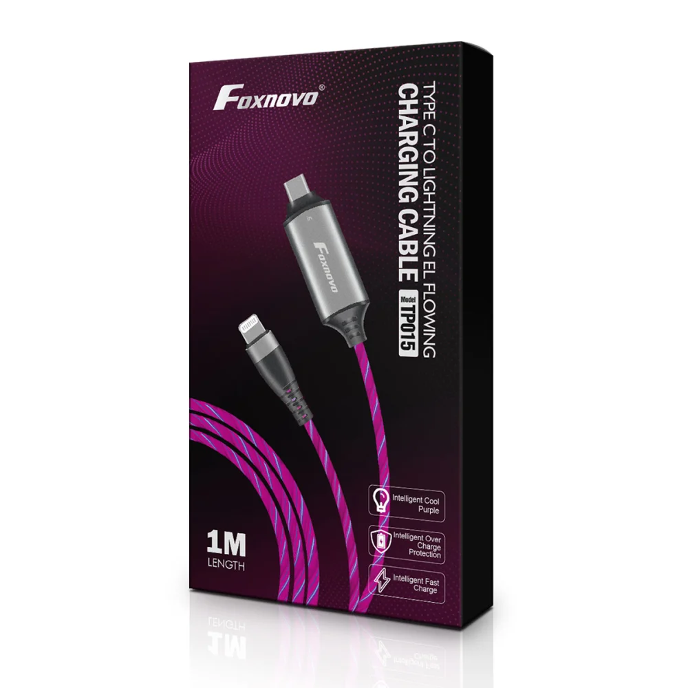 Foxnovo Type C to EL Flowing Charging Cable 1M/3.3ft Visible Flowing Light USB C to Cable iP Charging Port MFI Certificated Fast Charging Cable for Phones & Tablets Charging (Purple)