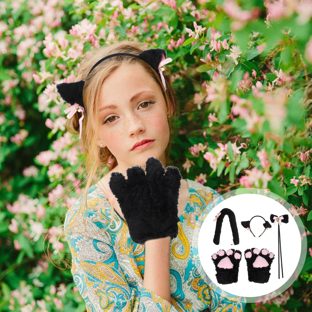 5 Pcs Creative Cat Cosplay Costume Kitten Tail Ears Collar Paws Gloves Anime Lolita Gothic Set for Party Cosplay (Black)