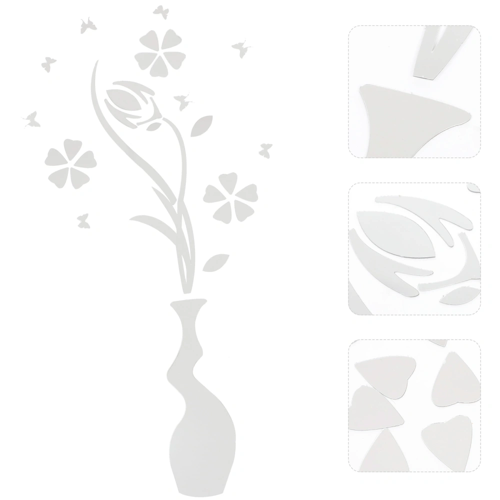 3D Acrylic Wall Sticker Flower and Vase Mirror Sticker Eco-friendly Wall Decals for Bedroom Living Room Bathroom Decoration(Silver)