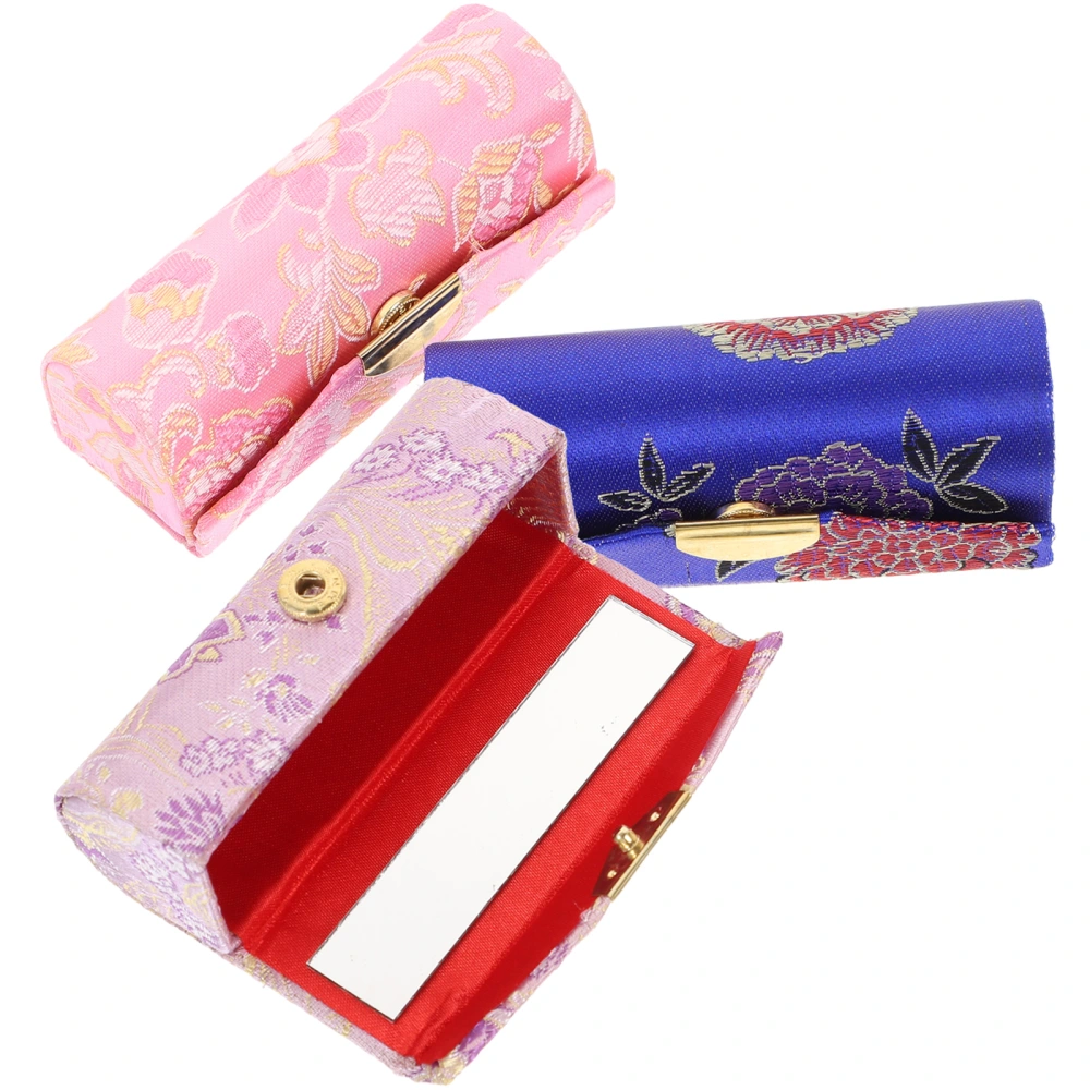 3 Pcs Lipstick Box Chinese Style Woven Cotton Pattern Lip Balm Organizer Bag Desktop Jewelry Storage Container Durable Cosmetic Storage Case (Random Color)