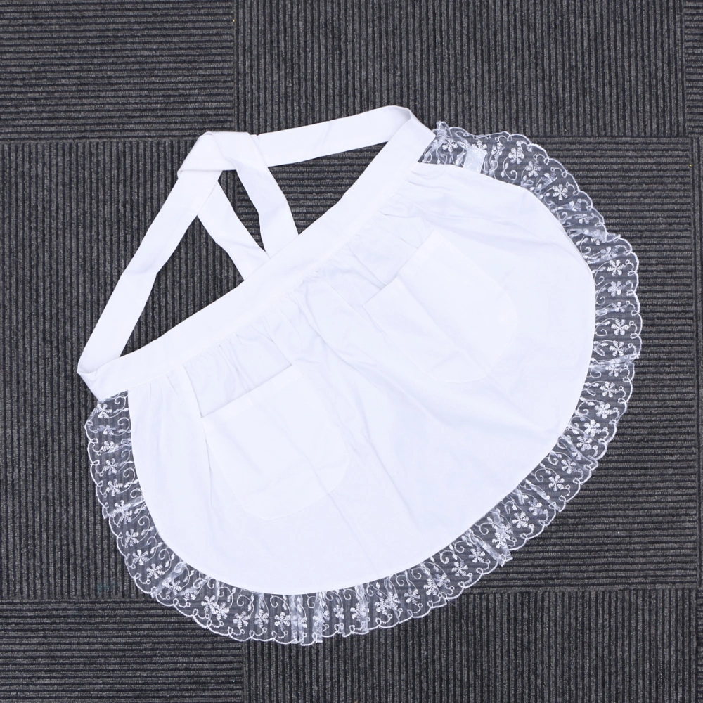 Cotton Waist Apron Lace Short Apron with Pockets for Maid Waitress Servant (White)