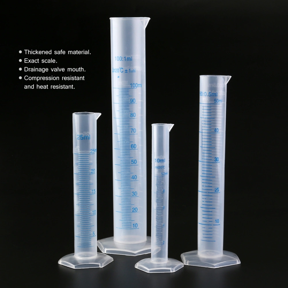 PIXNOR 4pcs Transparent Measuring Plastic Graduated Cylinder 10ml / 25ml / 50ml / 100ml