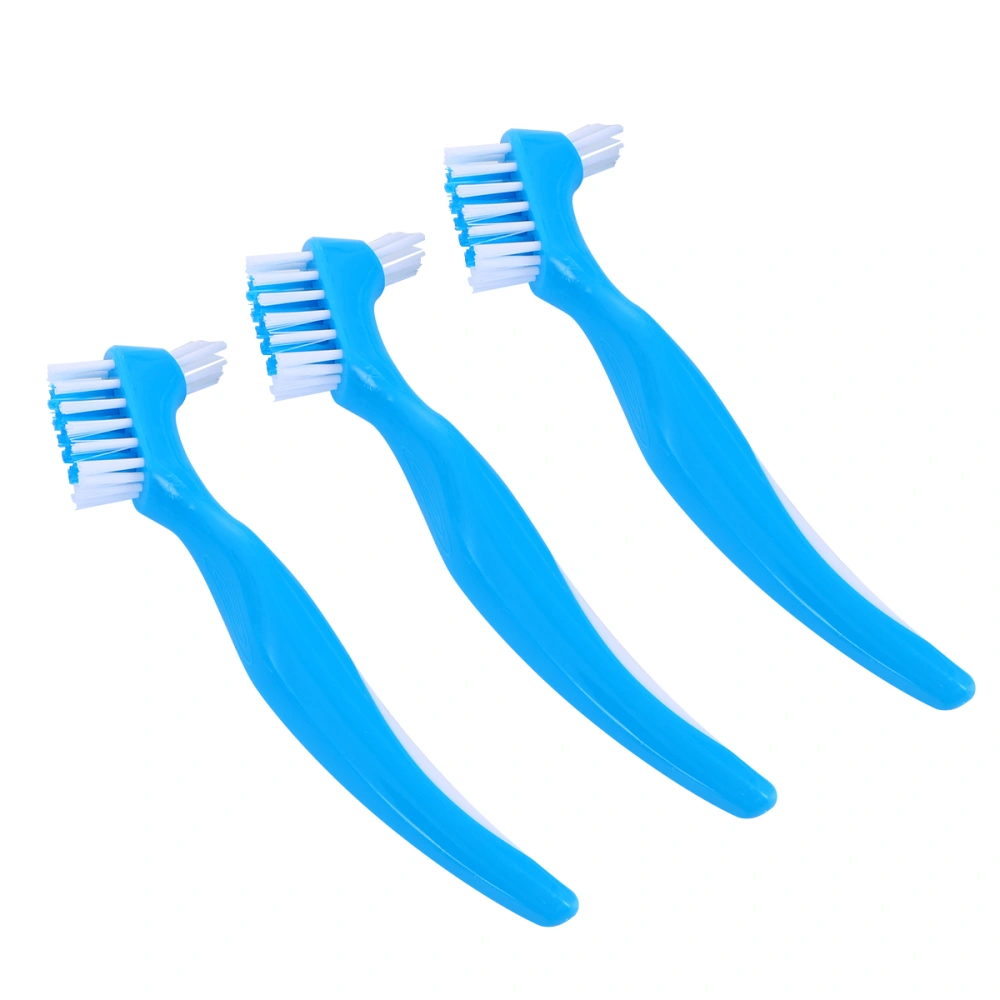 3PCS Denture Toothbrush Double Brush Head Denture Care Toothbrush Denture Care Brush Anti-slip Handle Denture Cleaning Brush Portable Denture Cleaning Brush for Home Use Blue