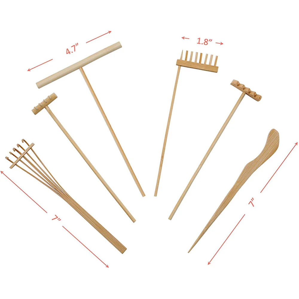 1 Set/6 Pcs Bamboo Rake Gardening Bonsai Potted Tool Mini Tea Set Rake Sand Push Drawing Pen Set Desktop Ornament Accessories