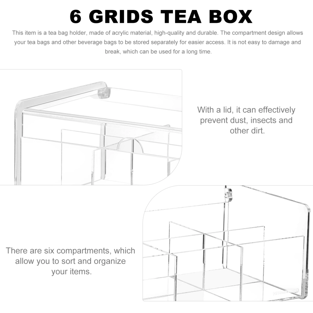 1Pc Tea Bag Holder Acrylic Storage Bin 6 Grids Tea Box Kitchen Organizer