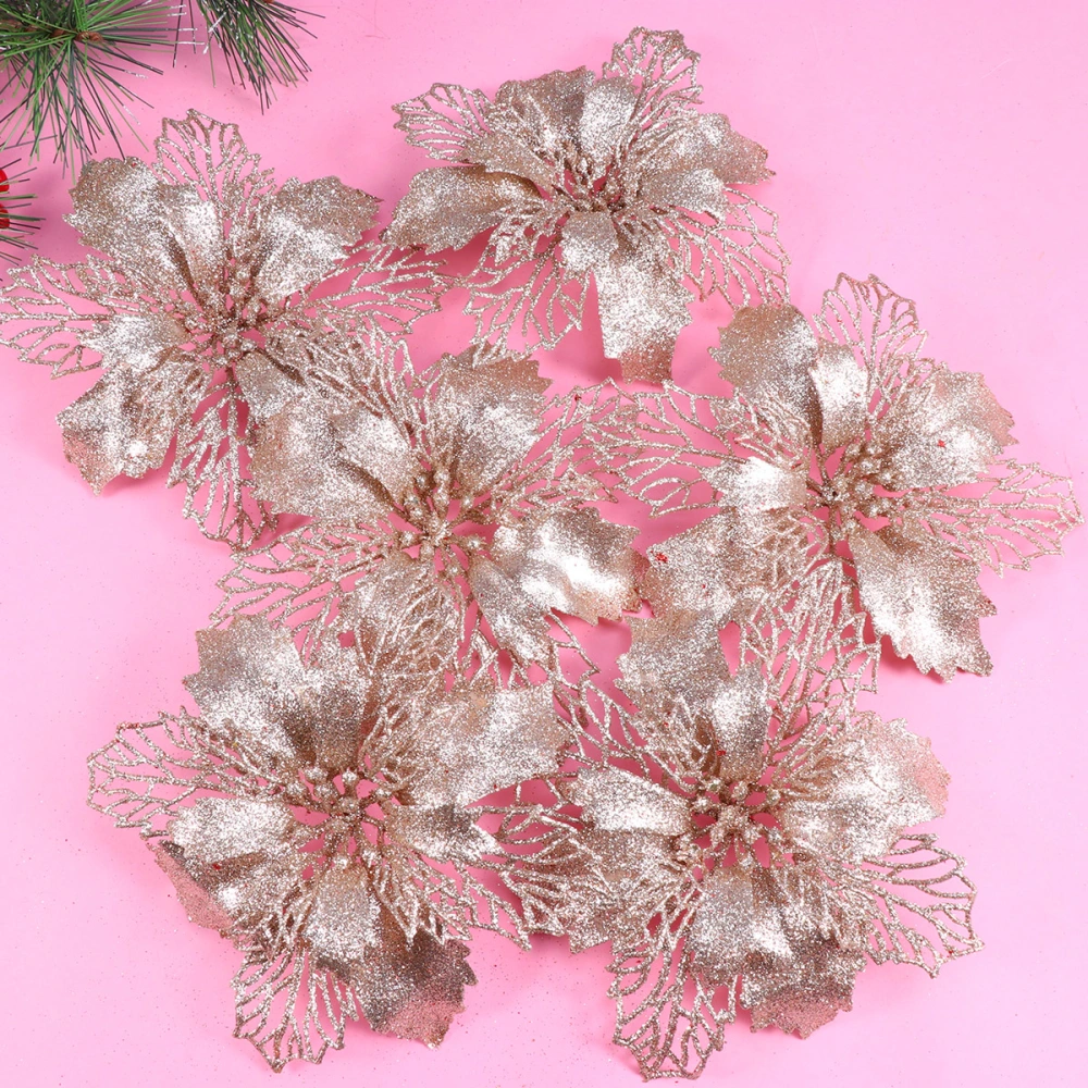 12 Pcs Glitter Poinsettia Flowers Hollow Artificial Flowers Christmas Ornaments Xmas Tree Hanging Pendant (Champagne)