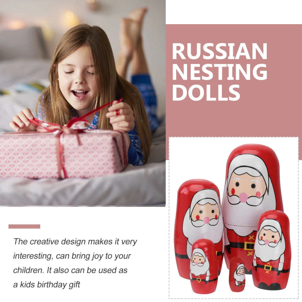 5Pcs Santa Claus Pattern Painted Wooden Russian Nesting Dolls Matryoshka Collection Toy