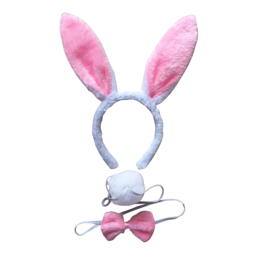 3Pcs Kids Adult Rabbit Bunny Ears Headband Bow Ties Tail Set Party Cosplay Costume (White & Pink)