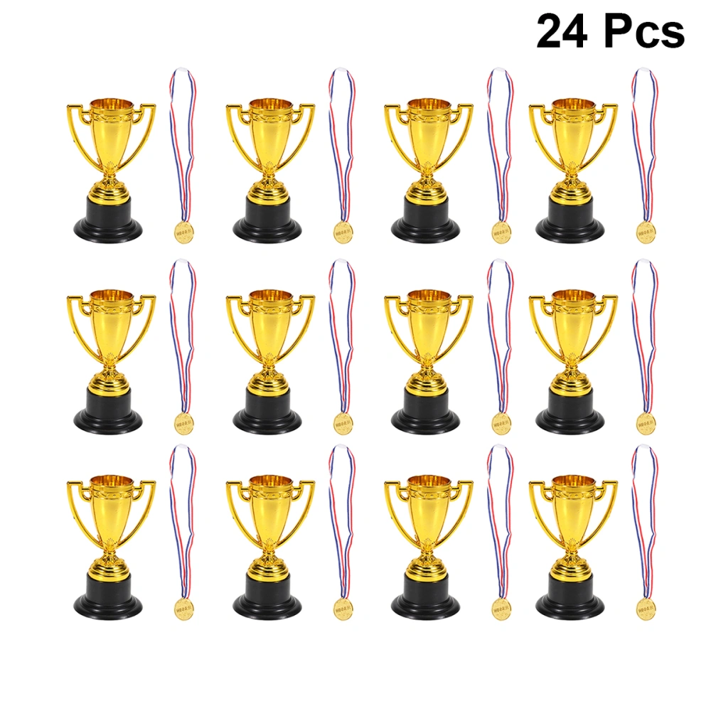 24Pcs Children's Toys Mini Plastic Mini Gold Cups and Medals for Party Supplies Children's Early Learning Toys Prizes(12*Trophies+ 12*Medals)