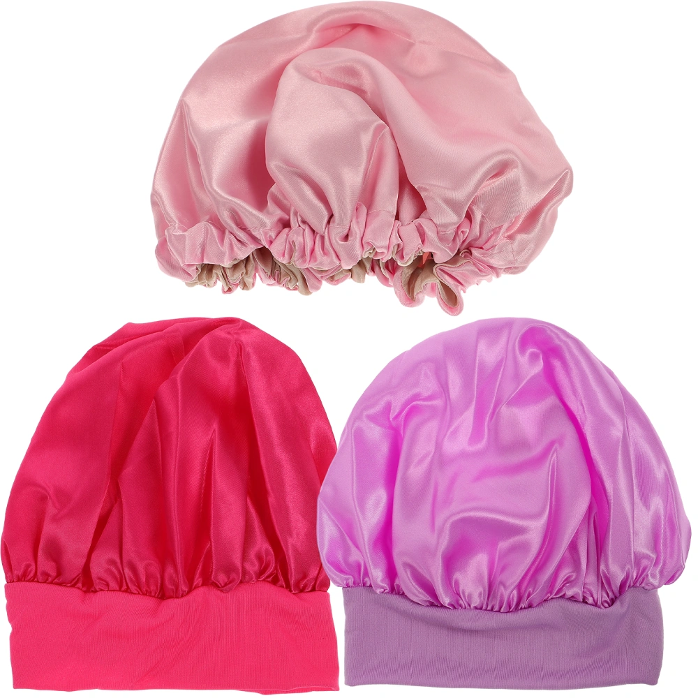 3pcs Elastic Caps Candy Color Nightcap Comfortable Breathable Wide Brim Night Hat for Kids (Rosy Light Pink Light Purple)