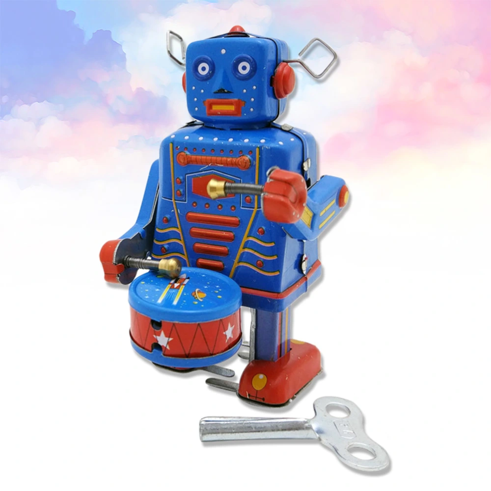 1pc Clockwork Drumming Robot Toy Tinplate Vintage Wind up Toy Childhood Memory Antique Toy