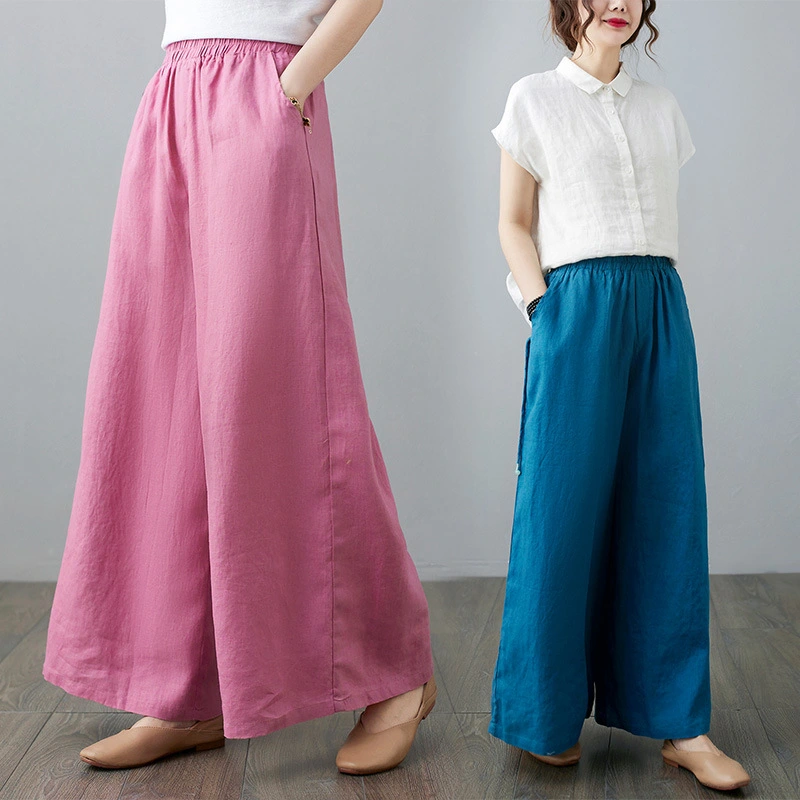 Women's Casual Cotton And Linen Loose High Waist Straight Wide Leg Pants