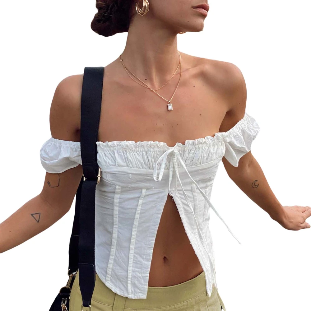 Women's Summer Slim Tops White Short Sleeve Off Shoulder Tie Up Hook Closure T-shirt