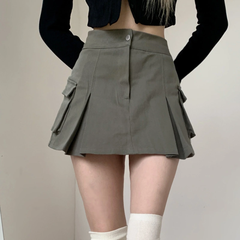 Women's Spring Summer Cargo Skirt Solid Color Low Waist Multi-pockets Streetwear Skirt