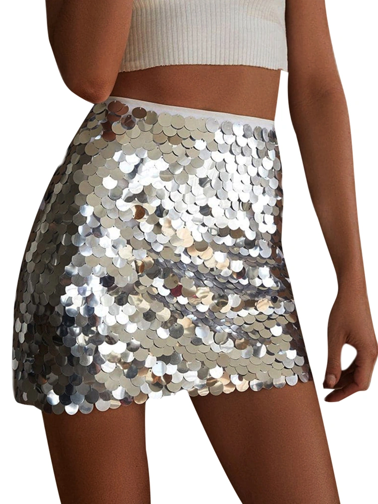 Women Glitter Mini Skirt, High Waist Disco Sequin Club Skirt Stage Performance Clothes