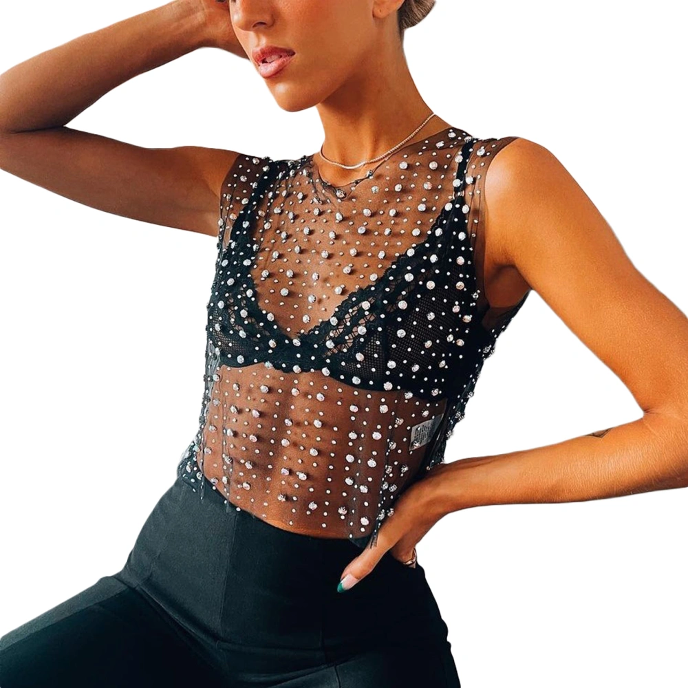 Women Crop Vest Tops Pearls See Through Casual Party Short Shirt 