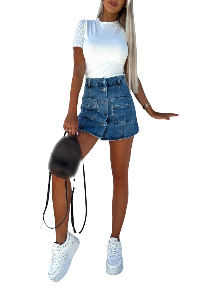 Women's Mini Denim Skirts Vintage High Waist Front Pocket Button Down Jean Skirts Skorts Streetwear