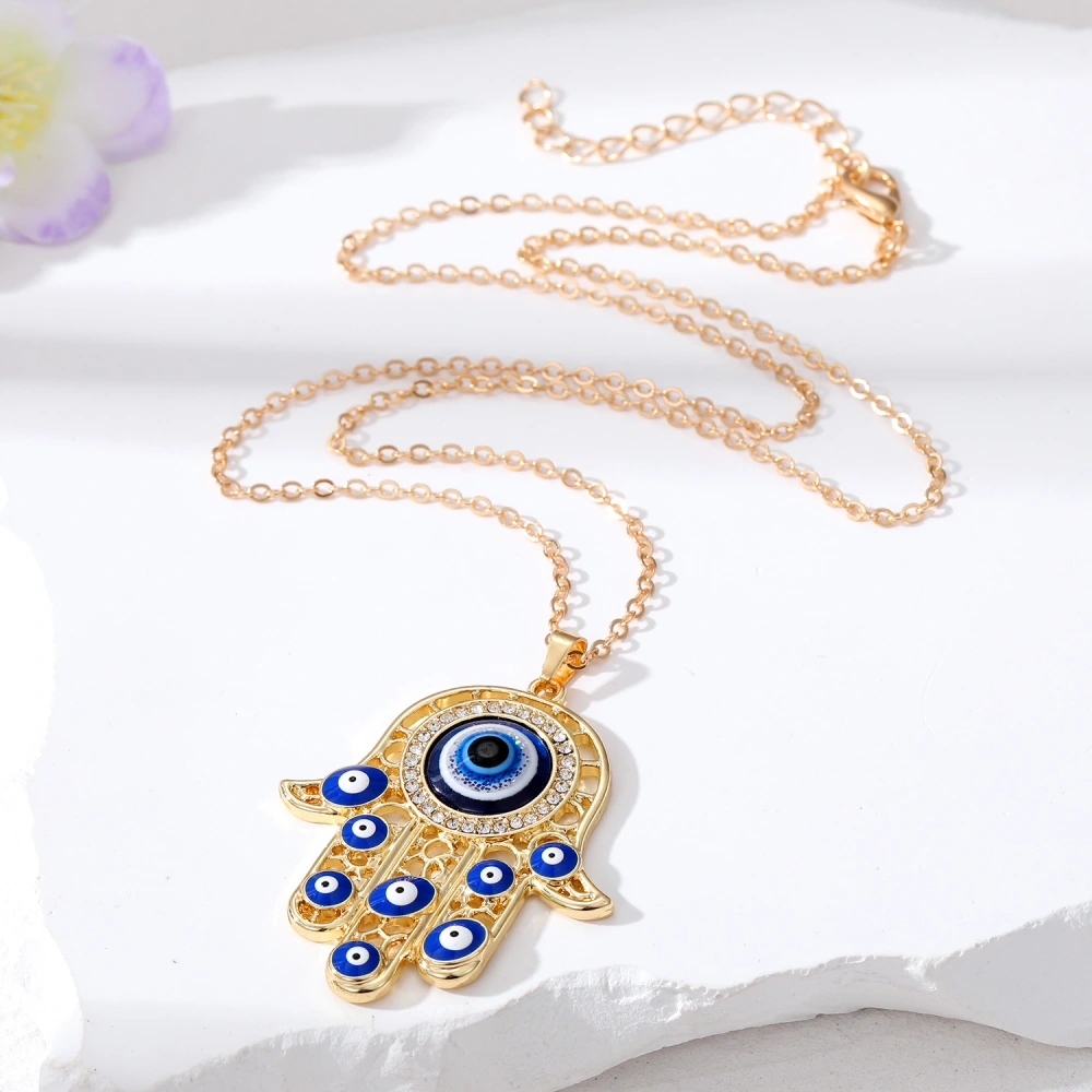 Vintage Ethnic Style Devil's Eye Necklace Fatima's Hand Hollow Turkish Blue Eyes Pendant