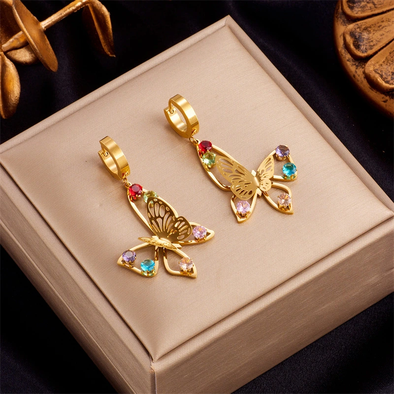 Titanium Steel Hollow Jeweled Butterfly Earrings