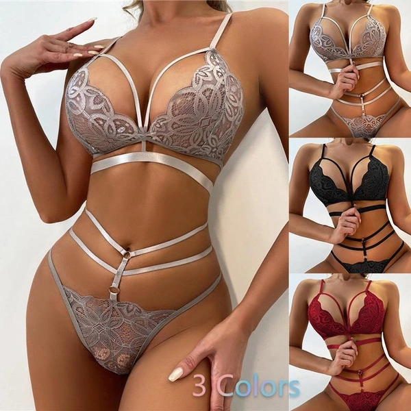 Erotic Bra Thongs Garters Set Women Lingerie Sexy Underwear Set Porn Sex Costumes Transparent Lace Babydoll Brassiere Panties