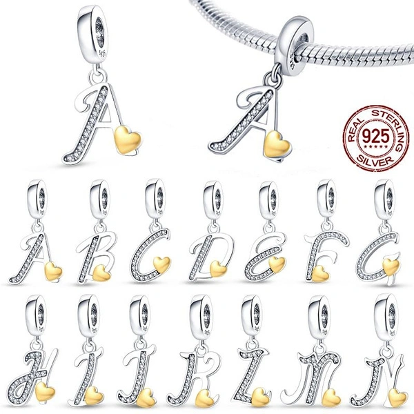 authentic 925 Sterling Silver A-Z Letters dangle charms with love heart european gold Crown Alphabet Charms Beads Fit Original Bracelets DIY Jewellery Fine Anniversary Jewelry Gift