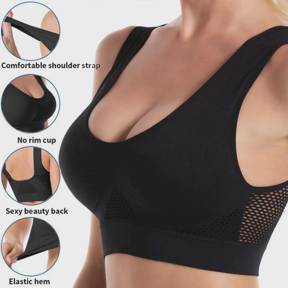 S-6XL Plus Size Wireless Sports Bras for Women Mesh Breathable Bralette Push Up Padded Bra Workout Gym Bra Comfortable Deep V-neck Crop Top