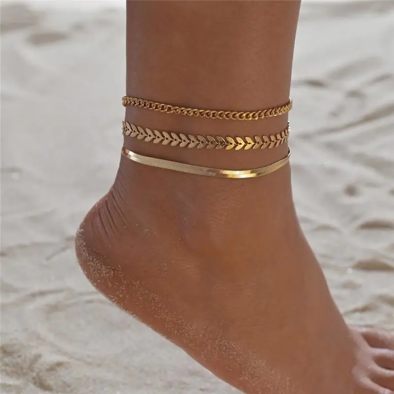 3pcs/set Gold Color Simple Chain Anklets for Women Beach Foot Jewelry Leg Chain Ankle Bracelets Women Accessories