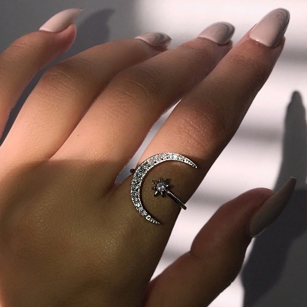 Crescent Moon Star Zircon Open Rings Engagement Wedding Rings For Bride Princess Birthstone