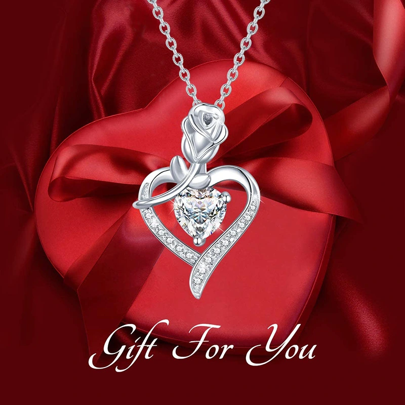 925 Silver Heart-shaped Rose Zircon Necklace