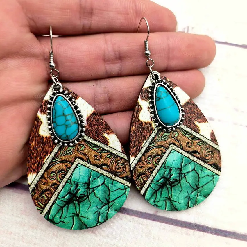 Retro Western Style Cows Pattern Wooden Earrings