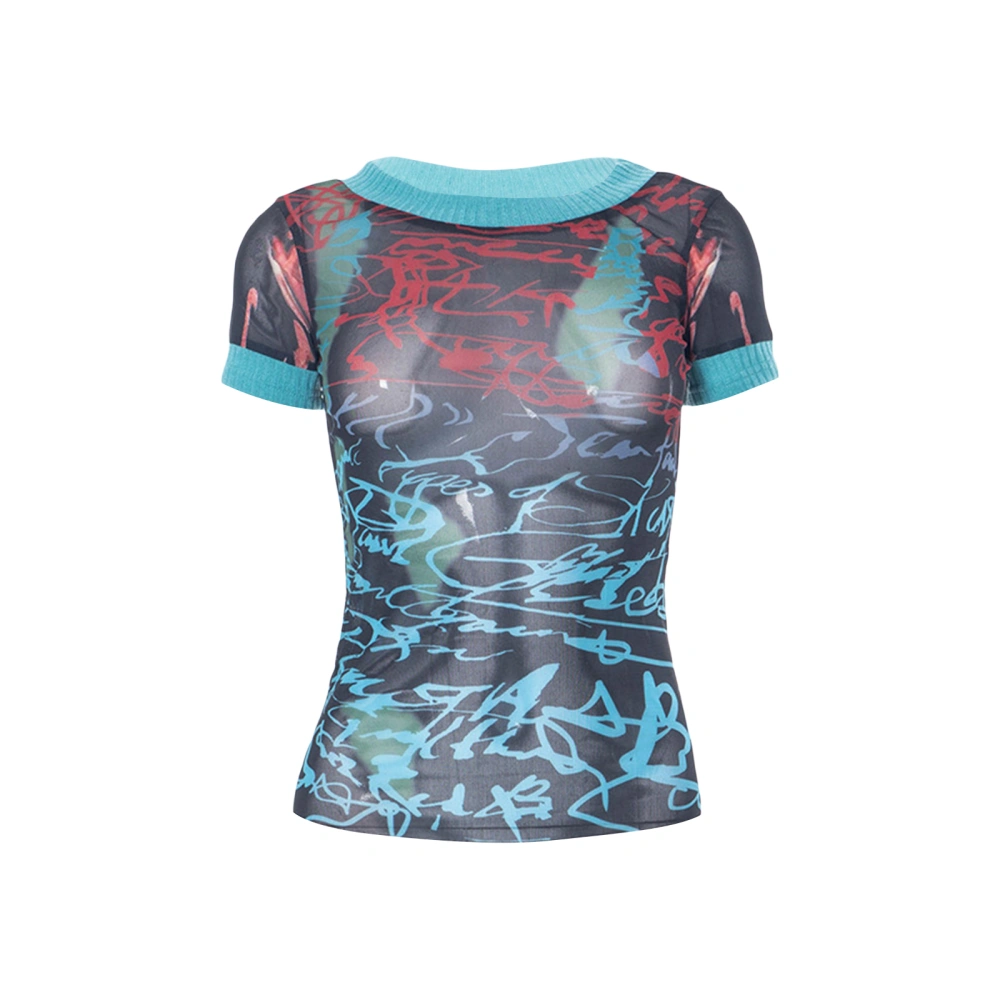 Women's Sheer Mesh Tops Short Sleeve Abstract Print Patchwork T-Shirts