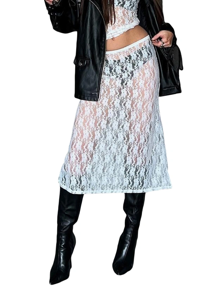 Women See Through Half Dress, Summer Spring Street Casual Party Floral Lace White Skirt