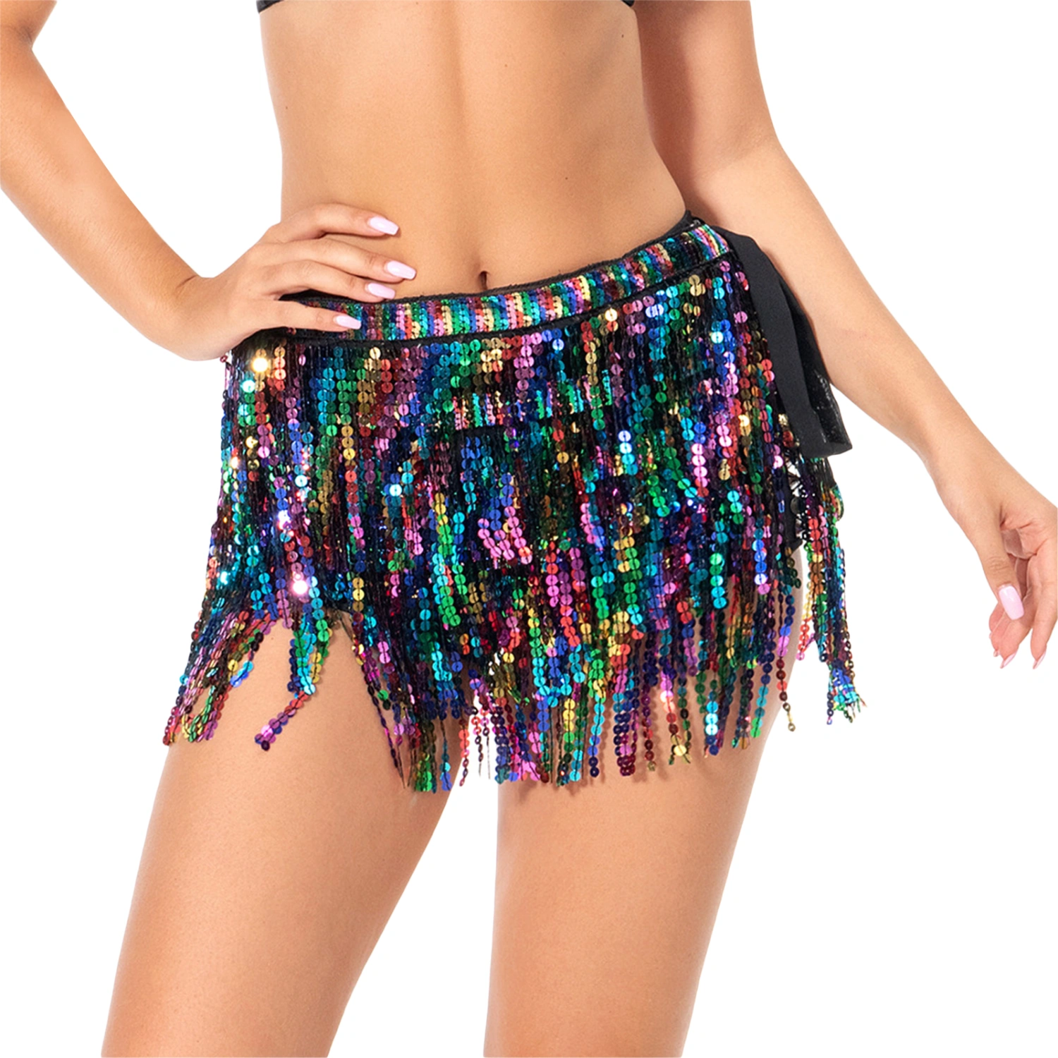 Belly Dance Skirt Boho Sequin Tassel Hip Skirt Hip Scarf Halloween Rave Dance Show Party Costume for Women