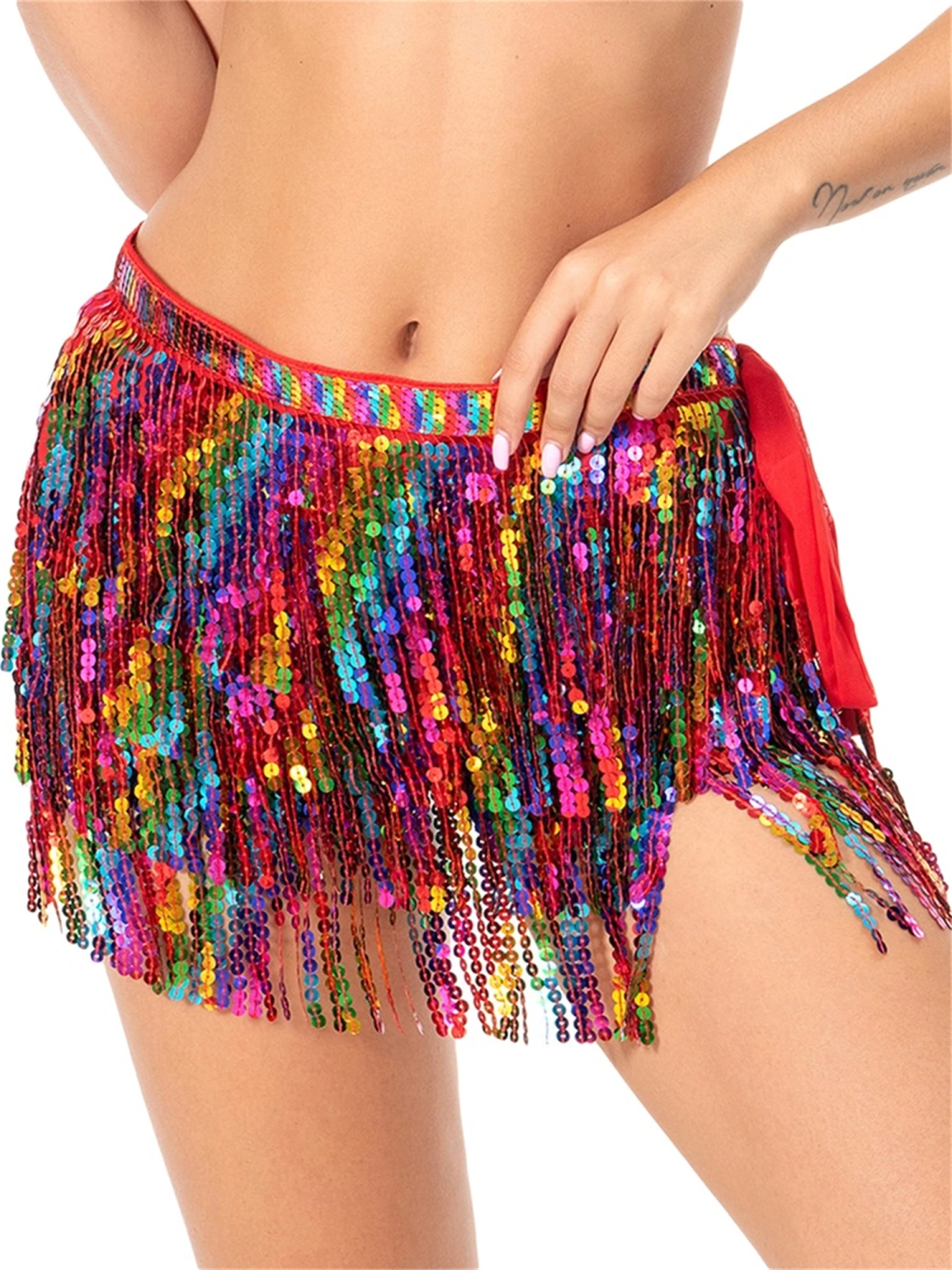 Belly Dance Skirt Boho Sequin Tassel Hip Skirt Hip Scarf Halloween Rave Dance Show Party Costume for Women