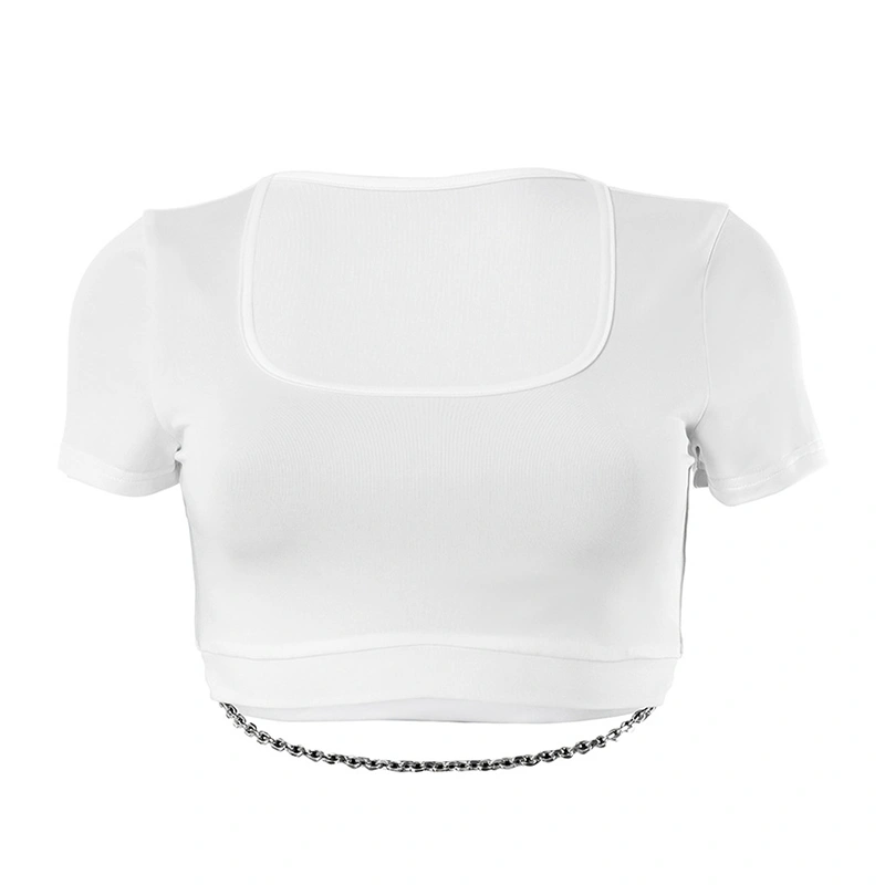 Women's Summer Fitted Crop Tops White Short Sleeve Square Neck Chain Decor T-shirt