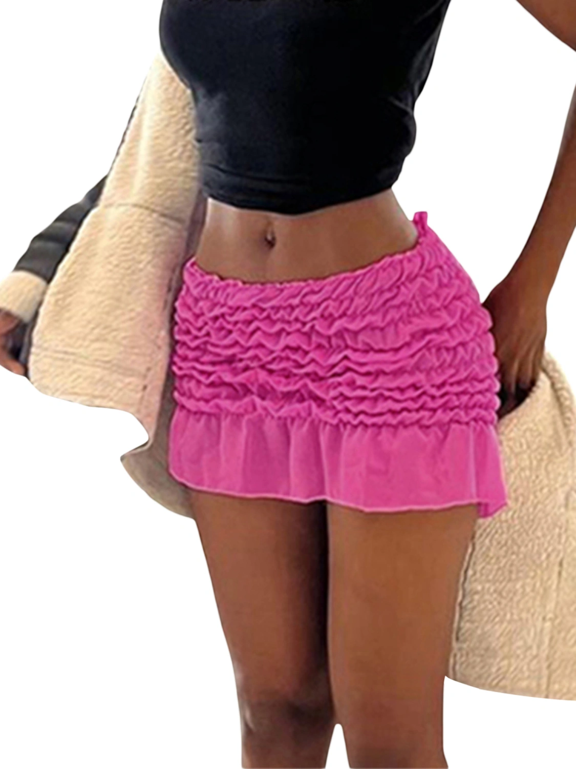 Women's Summer Pink Elastic Band High Waist Mini Ruched Skirt