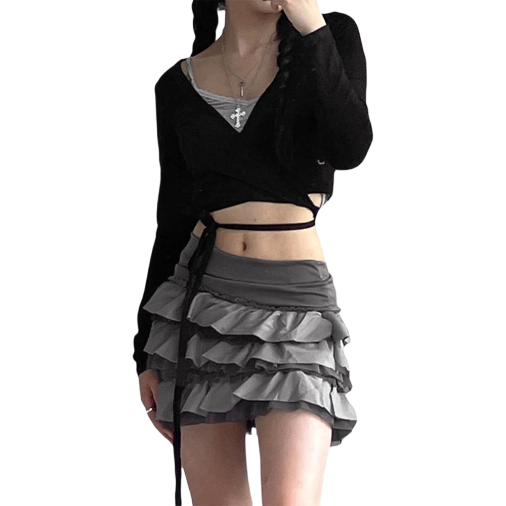 Women's Summer Mini Streetwear Skirt Gray High Waist Layered Ruffle A-line Skirt