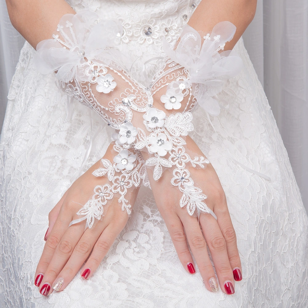 Bridal Wedding Gloves Diamond Studded Hollow Mesh