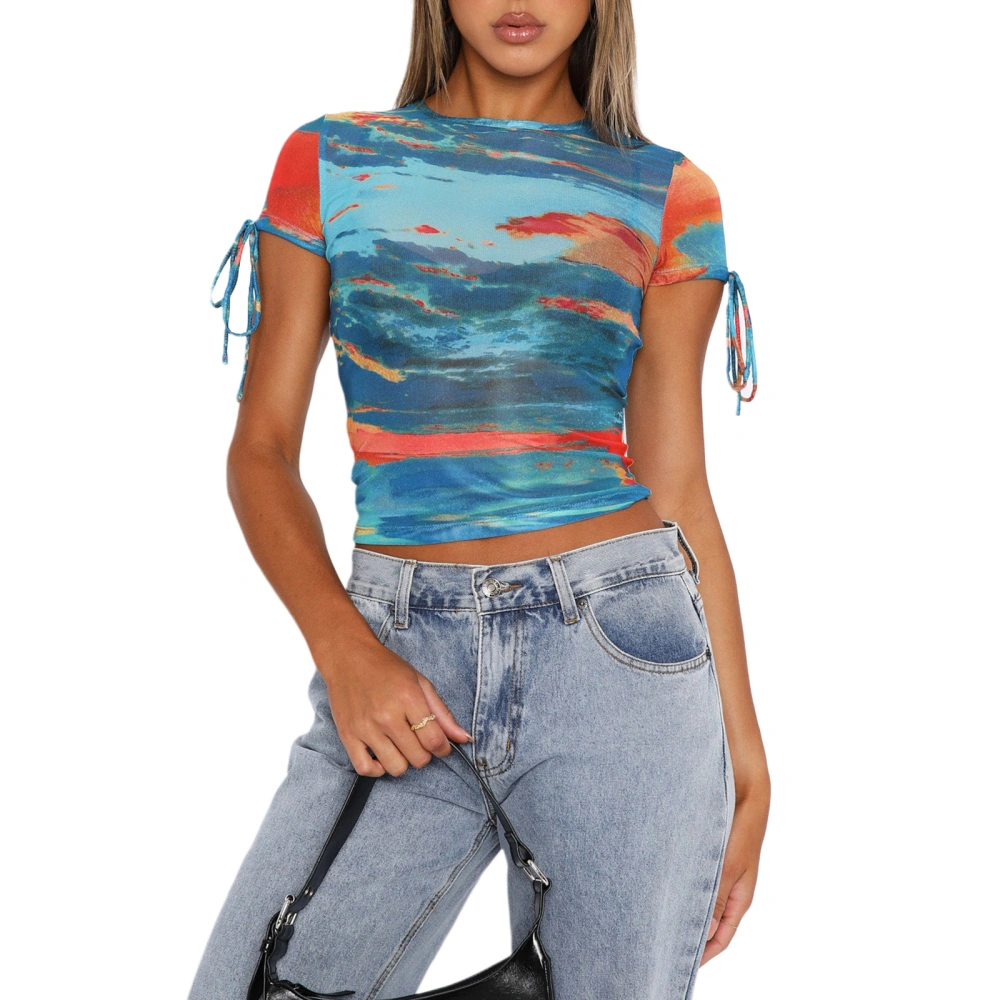 Women's Summer Short Sleeve O Neck Tie Dye Print Skinny Crop Tops