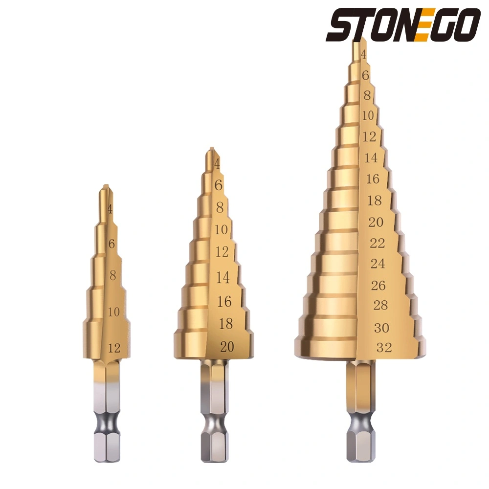 1/4" Hex Shank Step Drill Bit - 4-12mm/4-20mm/4-32mm Optional - Cone Titanium Coated Metal Hole Cutter HSS High-Speed Steel Quick Change DIY Lovers Tools Stonego Impact Drill Accessories for Cutting Holes on Sheet Metal, Steel, Wood, Aluminum, Plastic