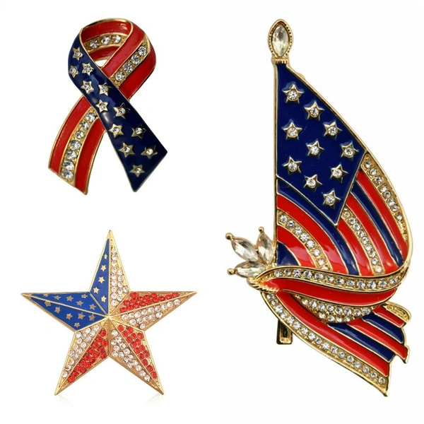 2023 NEW American Flag Pentagram Bow Gold Tone Crystal Brooch Lapel Pins USA Patriotic Jewelry for Women Men Coat Suit Corsage