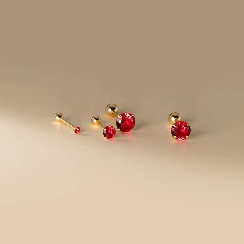 S925 Silver Simple Elegant Red Single Rhinestone Ear Studs