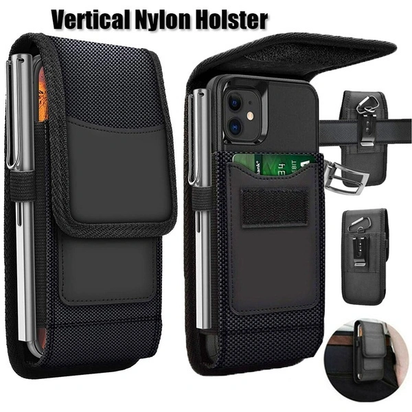 Vertical Nylon Holster Fits iPhone 11 12 Pro Max Mini Xs Max XR X 6 7 8 Plus Carrying Cell Phone Holster For Men Belt Clip Holder Wallet Case Waist Pouch Bag with Card Holder for Samsung S21/ Xiao / Huawei