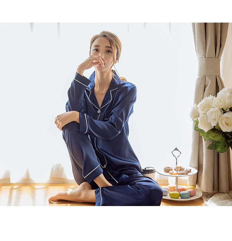 Imitation silk pajamas, women's autumn long sleeved ice silk two-piece set, casual cardigan, silk pajamas can be worn as a home outfit