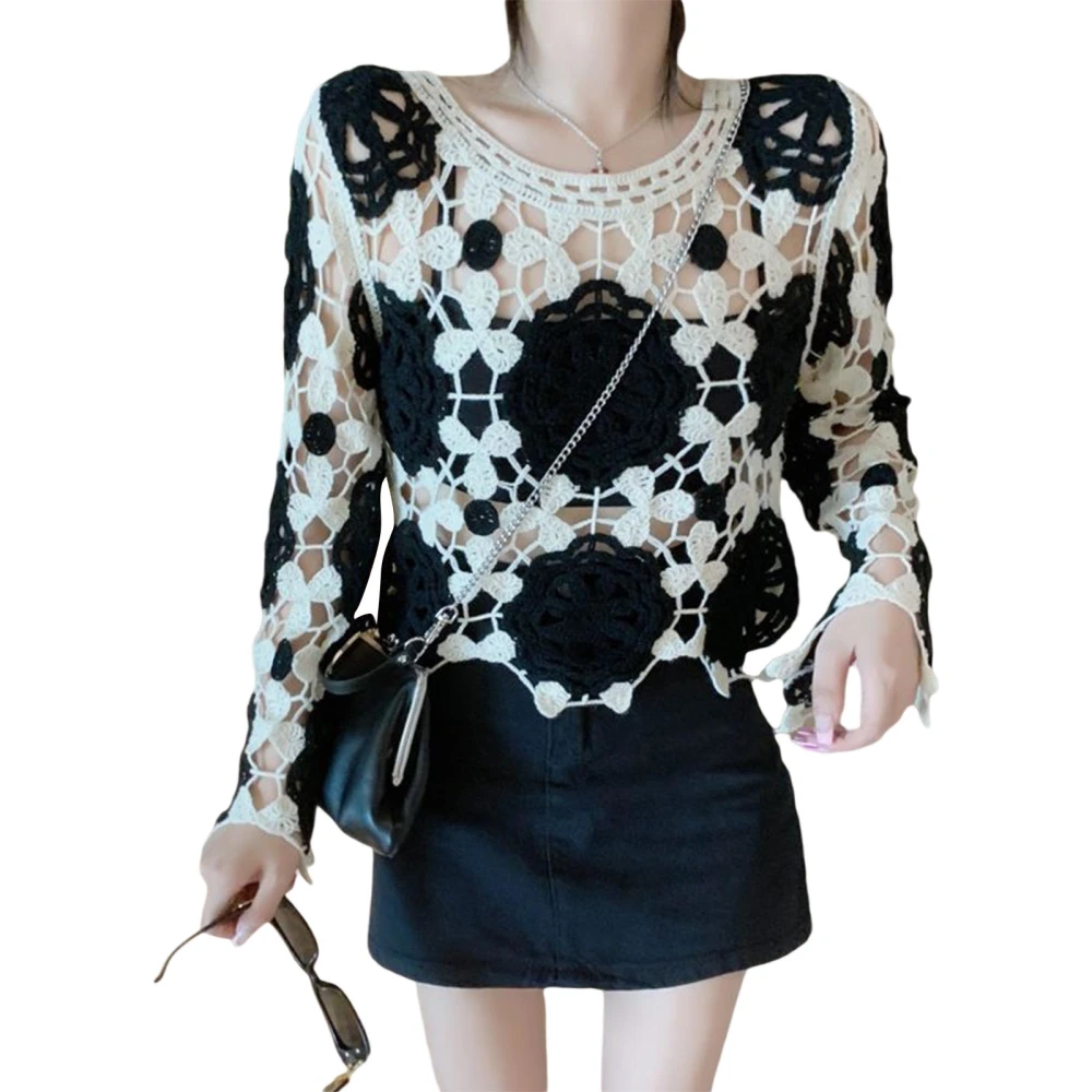 Women's Spring Summer Knit Tops Long Sleeve Crewneck Floral Crochet Casual Crop Tops