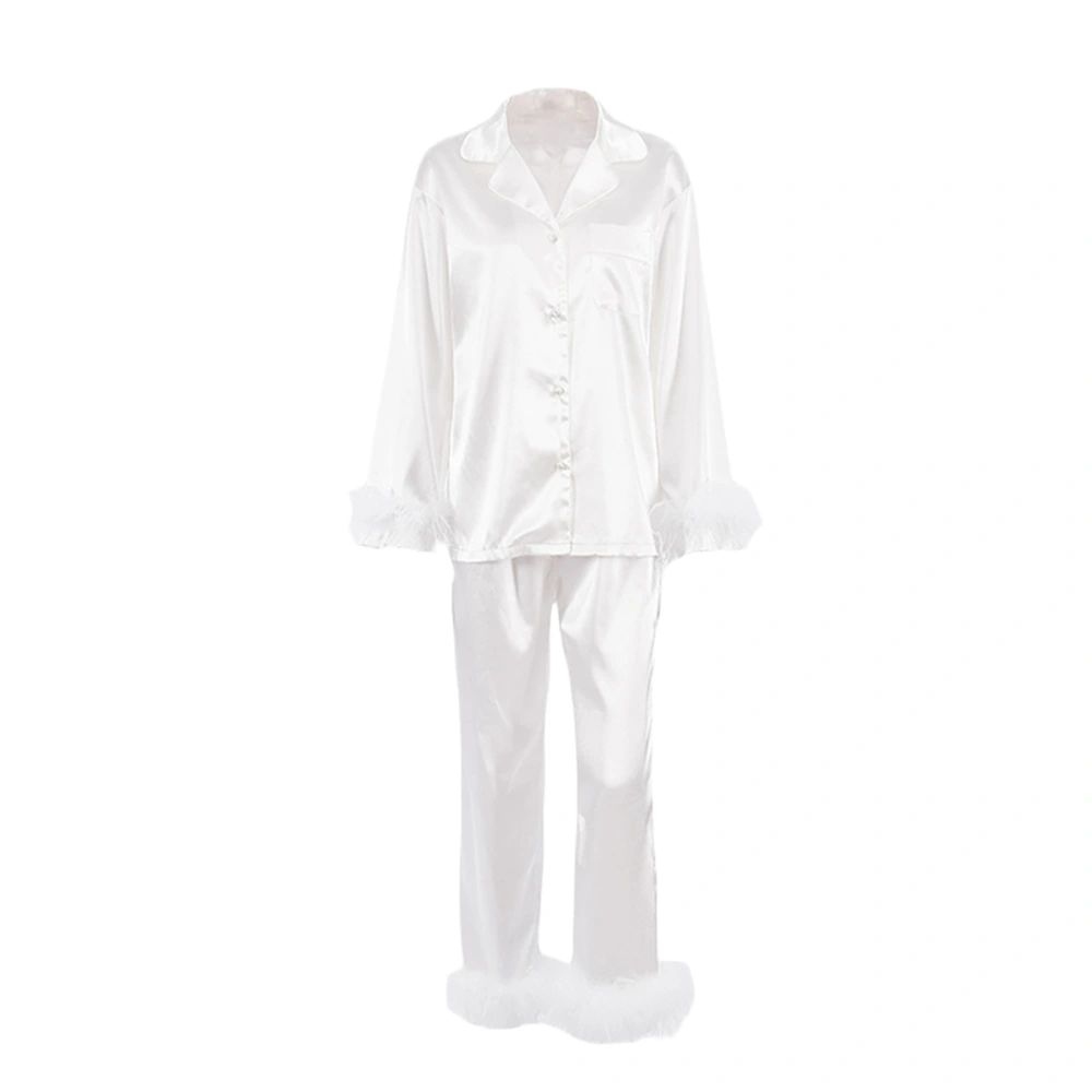 Women's Sleepwear, Feather Decoration Long Sleeve Button-Down Lapel Collar Tops + Pants Pajamas Set