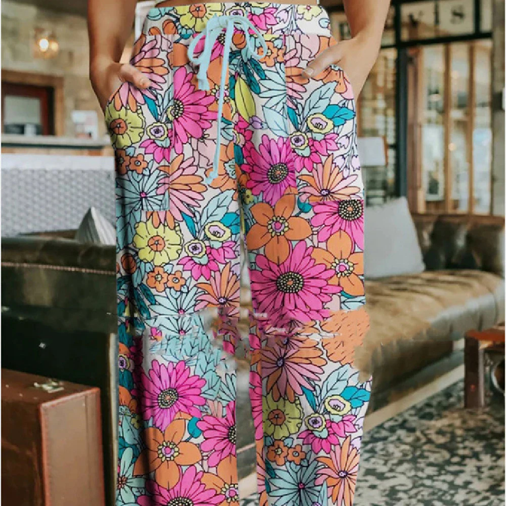 Loose Floral Drawstring Women's Trousers