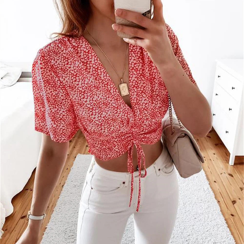 Casual Spring And Summer New Fashion Temperament Women's Bubble Sleeve V-neck Floral Drawstring Top