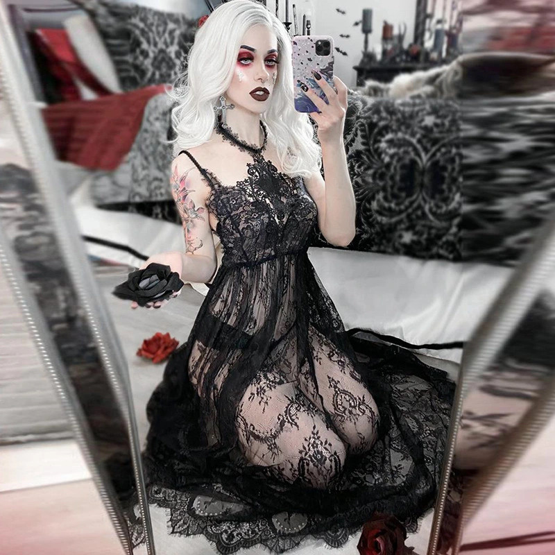 Dress Solid Color Lace Perspective Short Skirt Women's