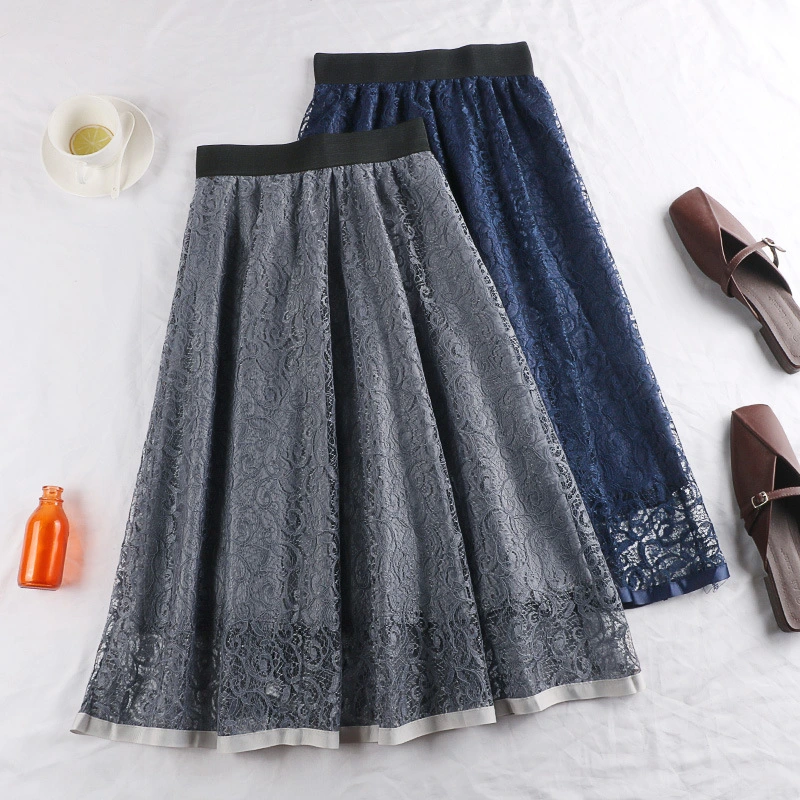 Spring And Summer Elastic High Waist Slimming Lace Crochet Hollow Large Swing A- Line Umbrella Skirt